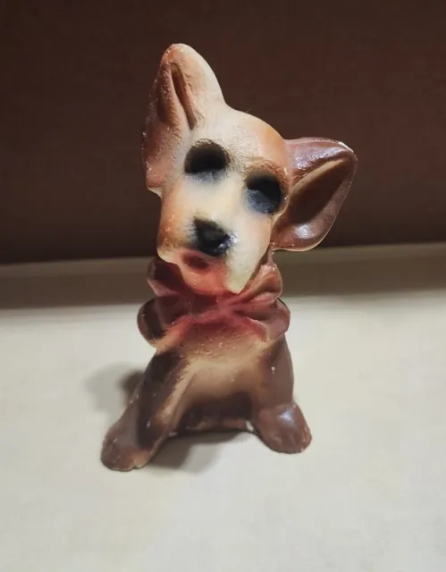 Vintage Chalkware Brown Dog with red bow 5" inch Souvenir Carnival Prize !! RARE