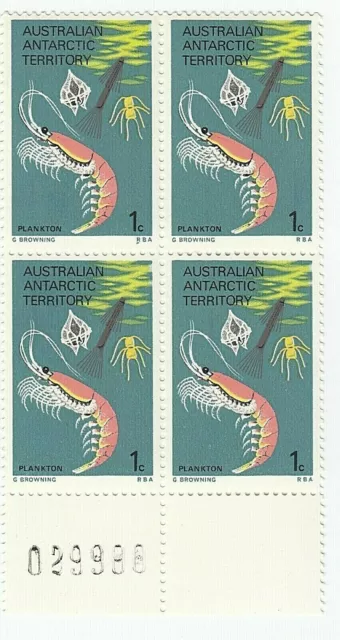 1973 AAT NUMBERED EDGE BLOCK 4 x 1c MNH STAMPS 'FOOD CHAIN - PLANKTON - SHRIMP'