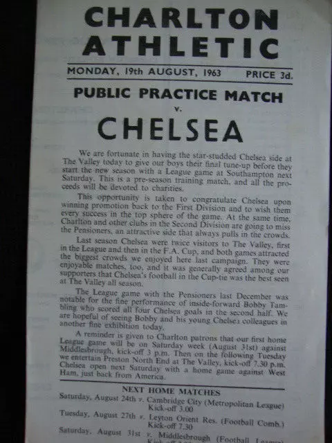 1963/4 Charlton Athletic v Chelsea  Pre Season Friendly