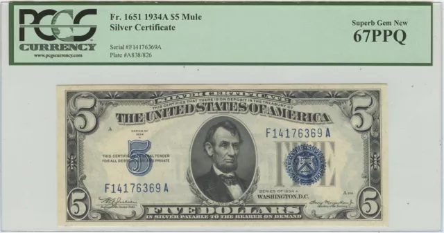 1934A $5 Silver Certificate PCGS 67PPQ Superb Gem New  Mule RARE