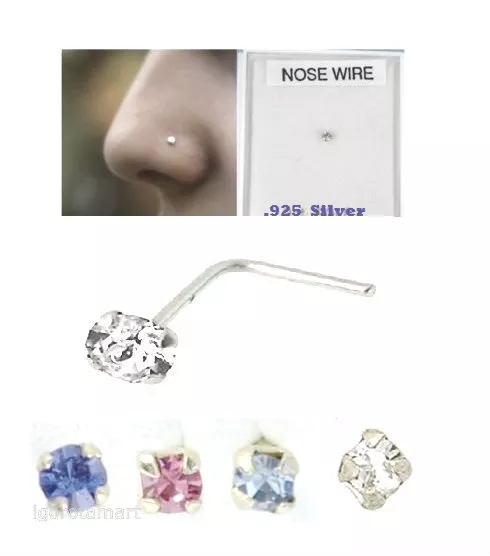 Nose Ear Wire Stud Bendable Sterling Silver Pink Blue Clear CZ Gem Men Women 1mm