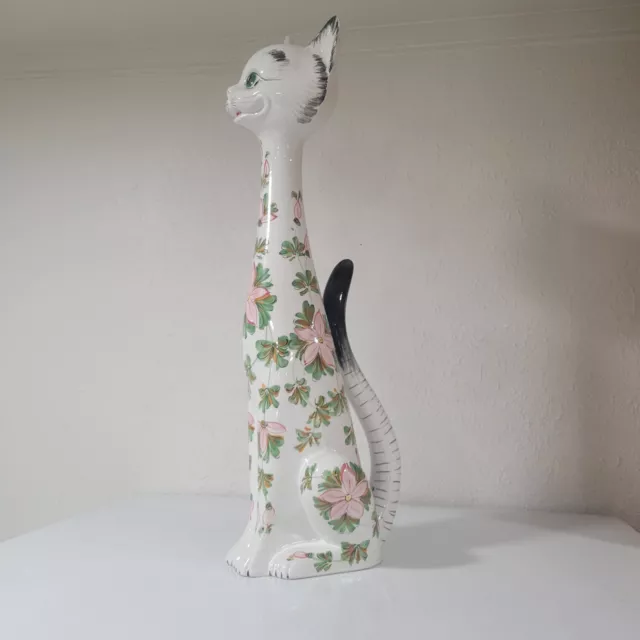 Vintage Italian Pottery 22” Long Neck Cat Hand Painted w Flowers Made In Italy 2