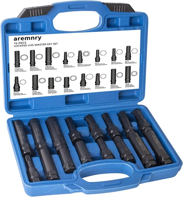 16-Piece Locking Lug Nut Master Key Set Wheel Lock Removal Kit For Aftermarket A