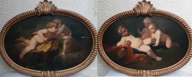 Painting Oval Mythology Bacchus Apollo Child Putti Italian 19th Classic
