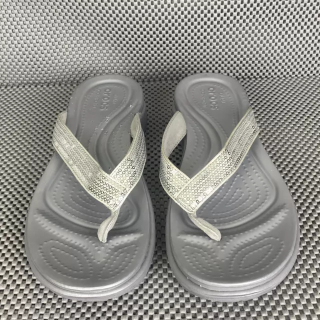 CROCS CAPRI V Sandals Womens Size 10 Silver Metallic Sequin Flip Flops Thong 32.50 PicClick UK