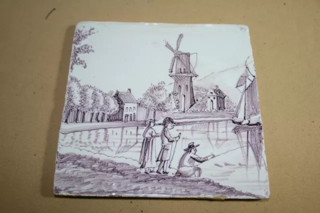 Antique 18th C Dutch Delft Manganese Open Air Tile