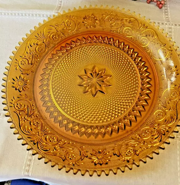 Amber Glass Serving Platter Tray Round 12"W Thick Glass Orange Serveware Vtg