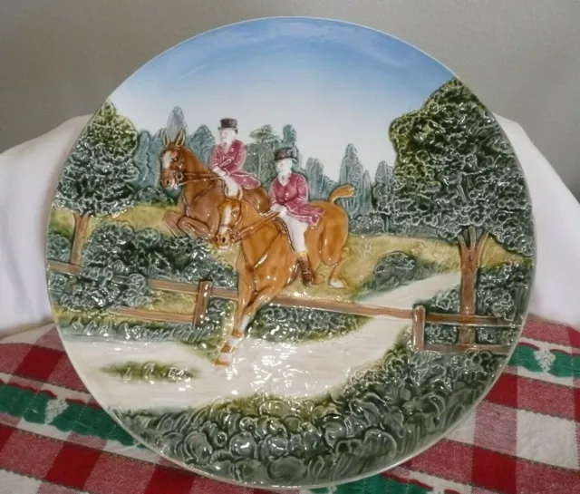 West Germany Majolica Wall Plate Fox Hunting Scene Field Charger Horses Vintage