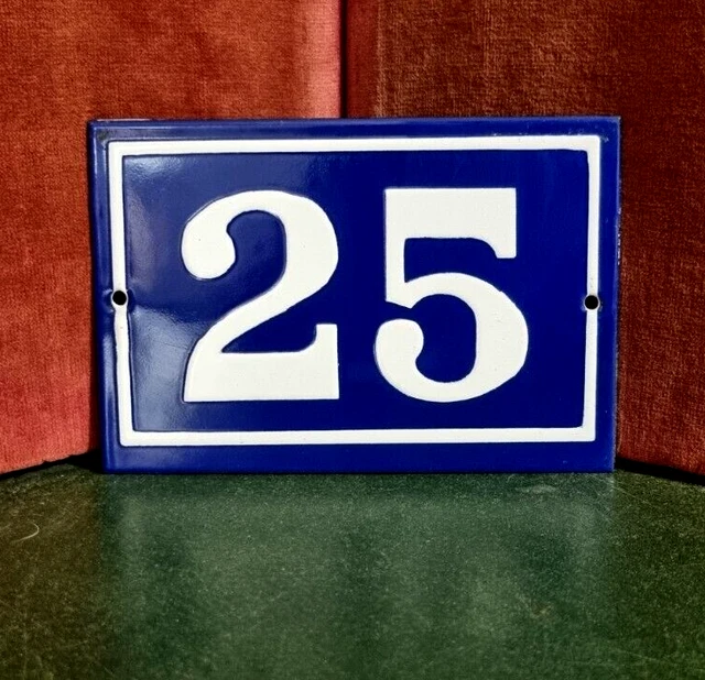 French vintage domed enamel house sign white raised number 25 for door , street