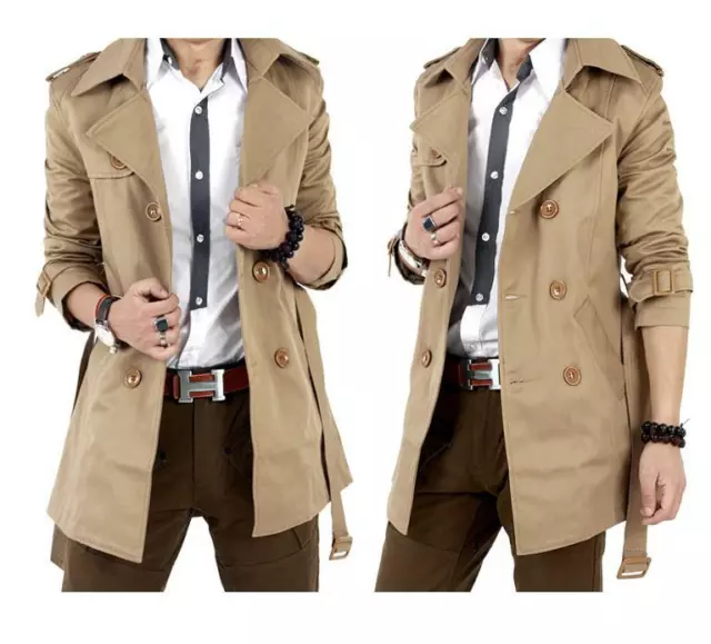 Men's Slim Double Breasted Trench Coat Long Jacket Overcoat Outwear Winter