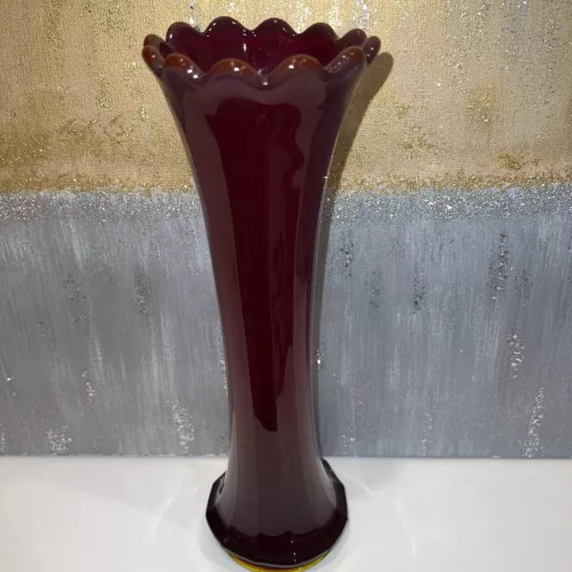 Vintage Ruby Red Scalloped Top Trumpet Vase