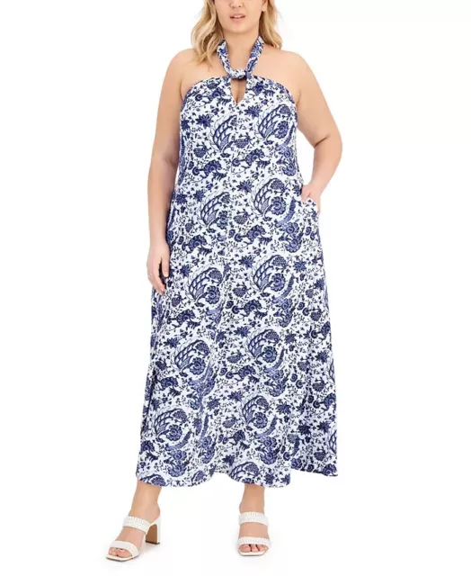 INC International Concepts Halter Maxi Dress w/ Pockets Blue &White Size 1X NWT