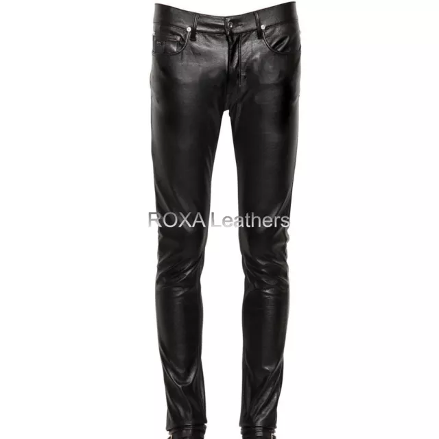 Black Men Authentic Sheepskin Real Leather Pant Narrow Fashionable Urban Trouser