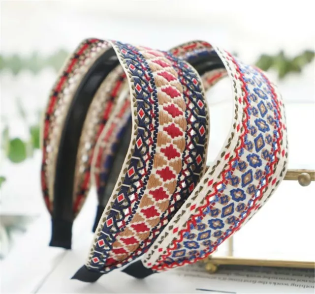 Women Girl Retro Boho Embroidery Cotton Wide Hair Headband Head Wrap Band hoop