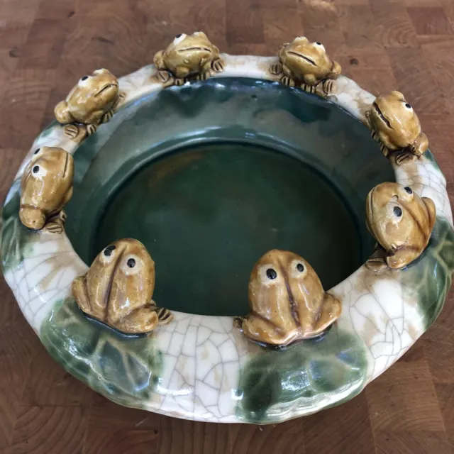 Three Hands Glazed Art Pottery Frogs Bowl Planter Majolica Style 8 Frogs