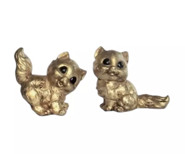 Two Vintage Ceramic Gold Gilt Cats Kittens Figurines With Black Eyes 3"