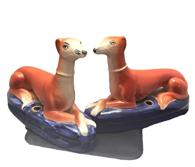 Pair of Antique Inkwells Victorian Staffordshire Whippet Dog figurines England