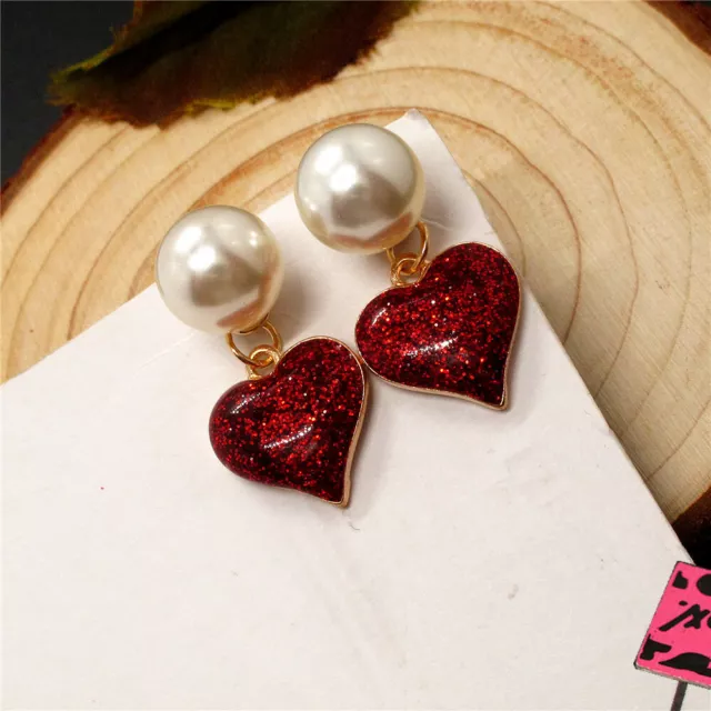 Hot Betsey Johnson Red Enamel Cute Bling Heart Pearl Crystal Wonmen Earrings