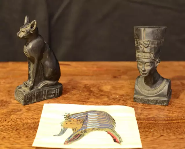 TWO Egyptian Ornaments of Bastet and Nefertiti with Papyrus work Good Luck Charm