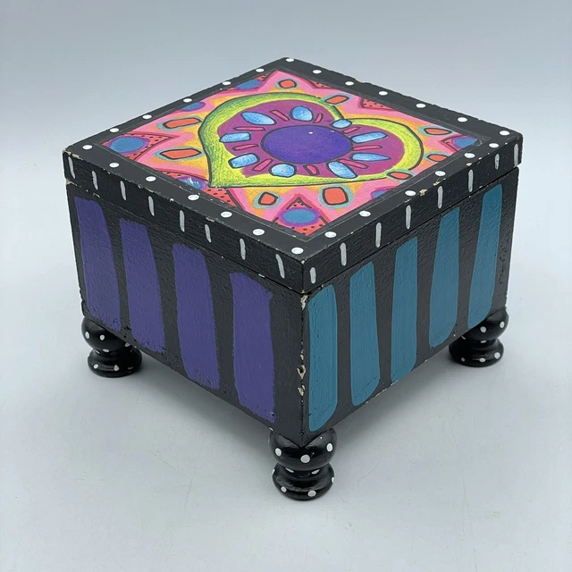 Third St Square Whimsical Vintage 1993 Lidded Hand Painted Wooden Box Signed