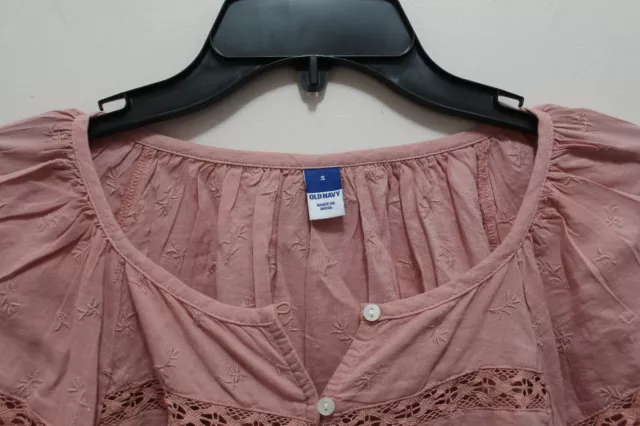 Old Navy Womens Button-Up Blouse Embroidered Lace Inserts Rose Pink Size S & 3X