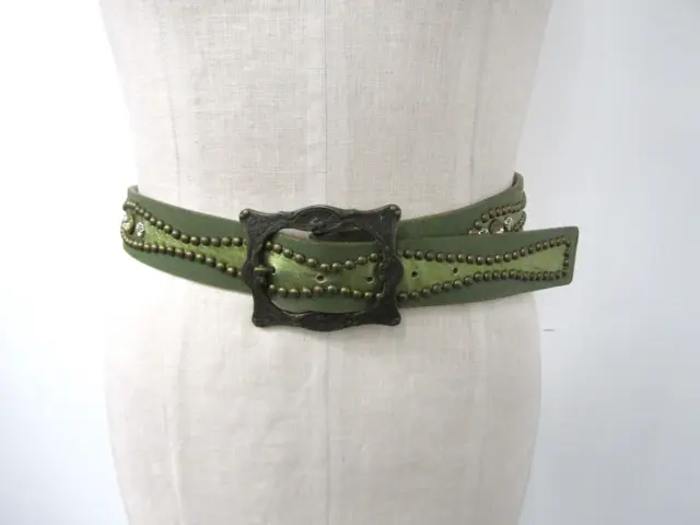 STREETS AHEAD Women's Green Leather Studded Belt- 30"-34"
