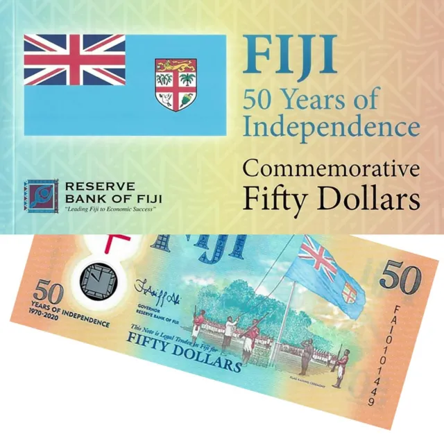 Bundle! - 2 Fiji notes - Folder + UNC - Commemorative 50yrs of Independence $50