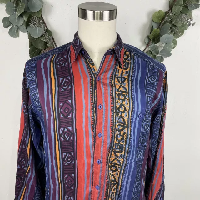 Vintage Creative Edge Mens Shirt M Button Front 100% Silk 90s Geometric Print