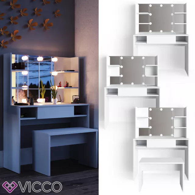 Coiffeuse LED VICCO DAENERYS blanche, table de maquillage, commode, miroir