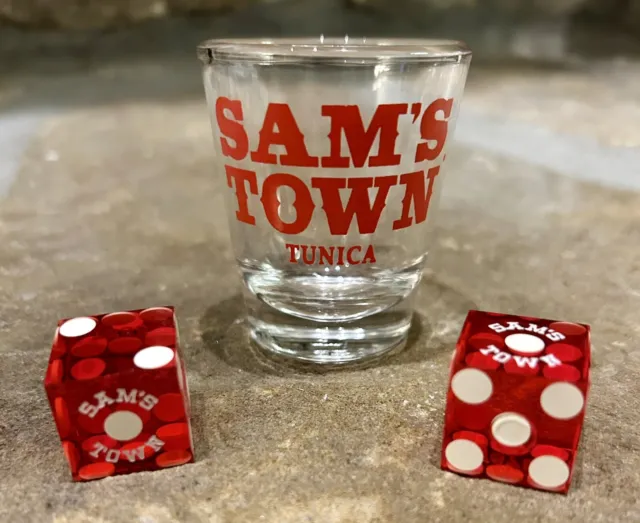 Vintage Sam’s Town Tunica Shot Glass and Gambling Dice, Casino Dice, Shot Glass