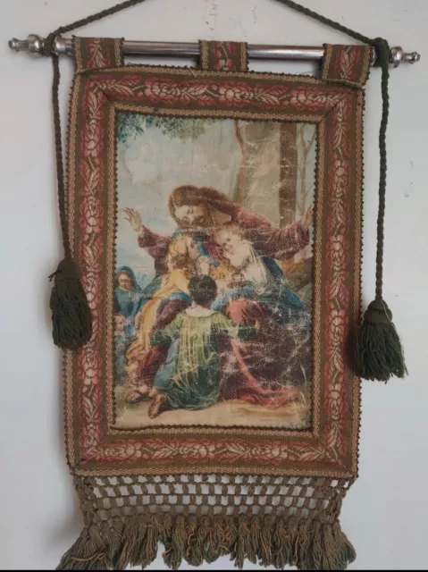 ANTICO STENDARDO Religioso /Arazzo Vintage /scena GESÙ CRISTO /rappresentazione