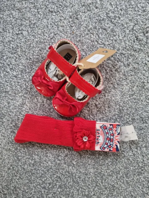 Pacchetto calzini scarpe rosse bambine brevetto spagnolo diamante 6-12 mesi fiocchi