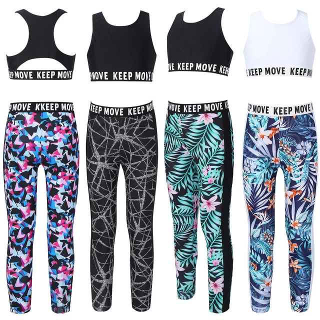 2Pcs Kids Girls Dance Outfit Crop Tops+Leggings Set Gym Yoga Sport Fitness Suit