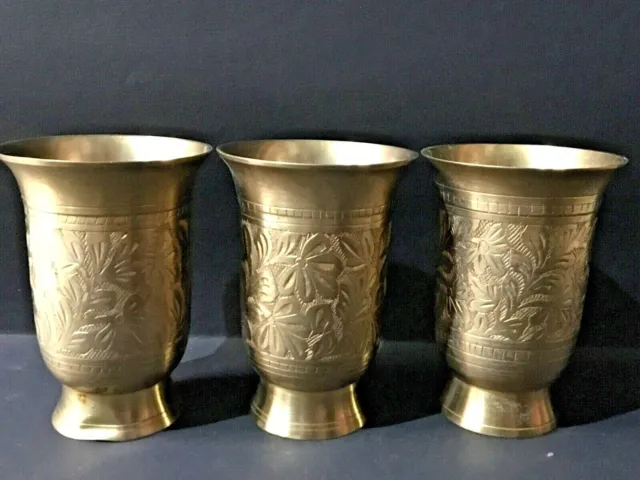 Vintage Brass Mughlai Glass Cup Tumbler Embossed Leaves Design Drinkware 3 Pcs