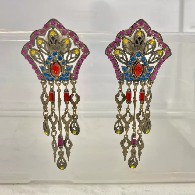 VTG Banana Bob Earrings Dangle Drop Clip On Bronze Tone Ornate Color Rhinestones