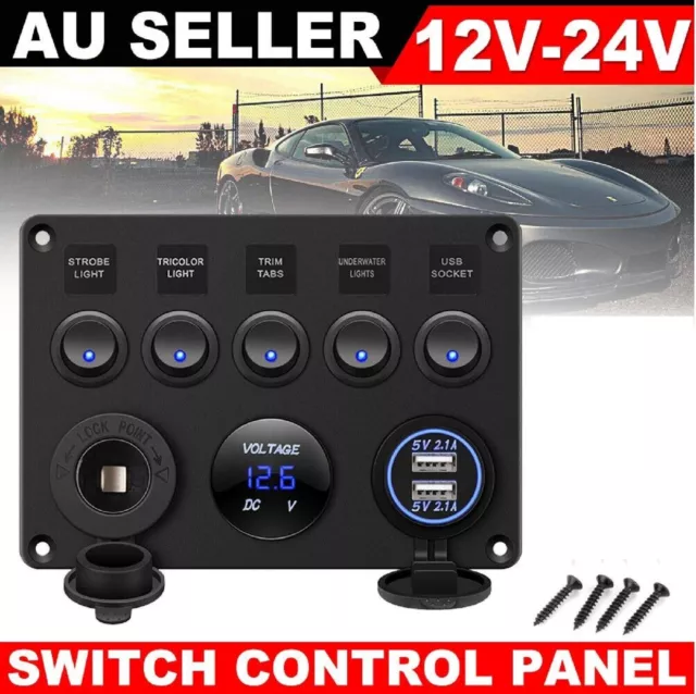 5 Gang 12V Switch Panel Control Dual USB OFF ON Toggle For Boat Car Marine Truck