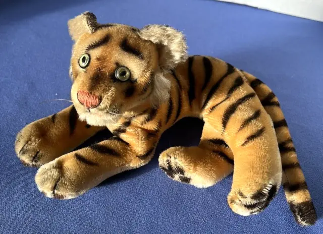 Vintage STEIFF LYING TIGER CUB 9" Mohair Gold Eyes Germany 1950s No ID