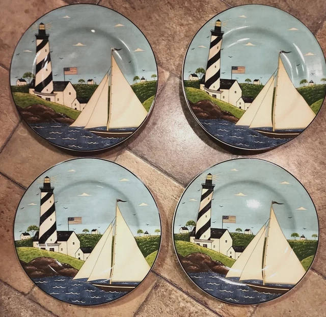 Vtg 4 Sakura Warren Kimble Coastal Breeze Salad 8.25" PLATES Lighthouse Sailboat