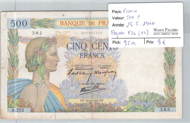 BILLET FRANCE - 500 Francs 16/5/1940 - Fayette 32(02) Pick 95a - N°585