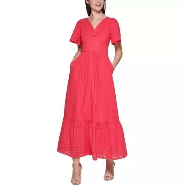 Kensie Dresses Womens Red Eyelet V-neck Daytime Midi Dress 4 BHFO 1667