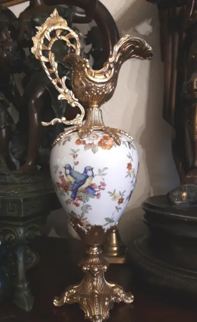 Antique Recoco Vase Ewer Urn Painted Flowers Birds On Porcelain Handle Brass 3