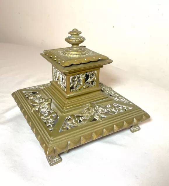 antique ornate 19th century Victorian gilt bronze brass desk inkwell stand .