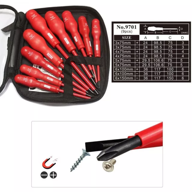 9 Piece Insulated Slotted Cross Screwdriver Electrician Magnetic 1000V