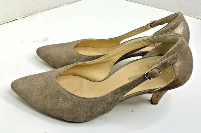 Paul Green Womens Sz 9 Suede Pointed Toe 3 in Heel Slip on Shoes beige gold