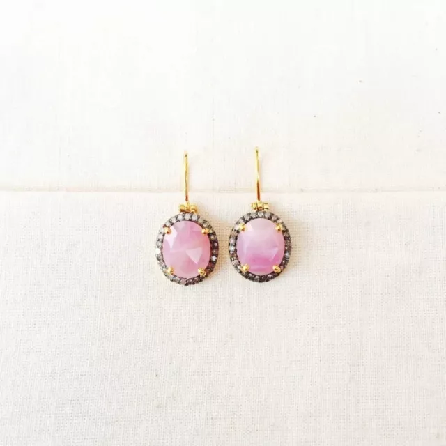 Pave Diamond Pink Sapphire Dangle & Drop Earrings 925 Sterling Silver Gift