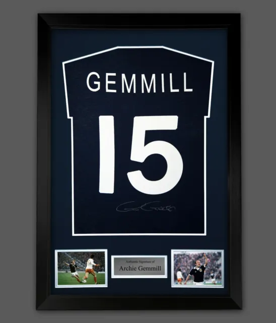 Archie Gemmill Hand Signed Navy Blue Player T-Shirt In A Framed Presentation