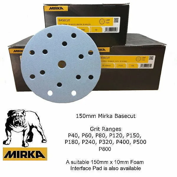 Mirka Basecut 150mm / 6"  : P40 to P800 Abrasive Disc Grit Ranges Packs of 5