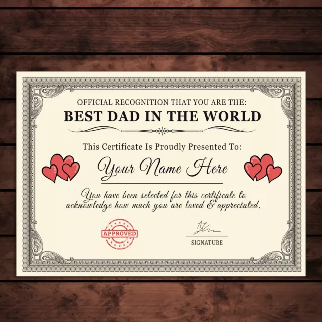Personalised 'Best Dad In The World' Certificates Gift/Print