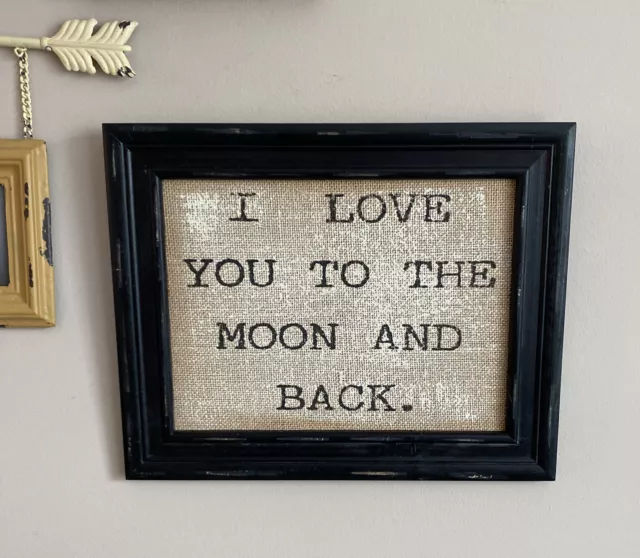 I Love You To The Moon And Back Artwork Burlap Framed Baby Nursery Black Frame