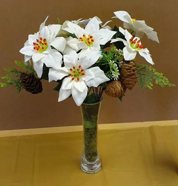 Artificial POINSETTIA Bouquet Flowers Cone Ferns Berry Christmas Xmas Ivy Fern